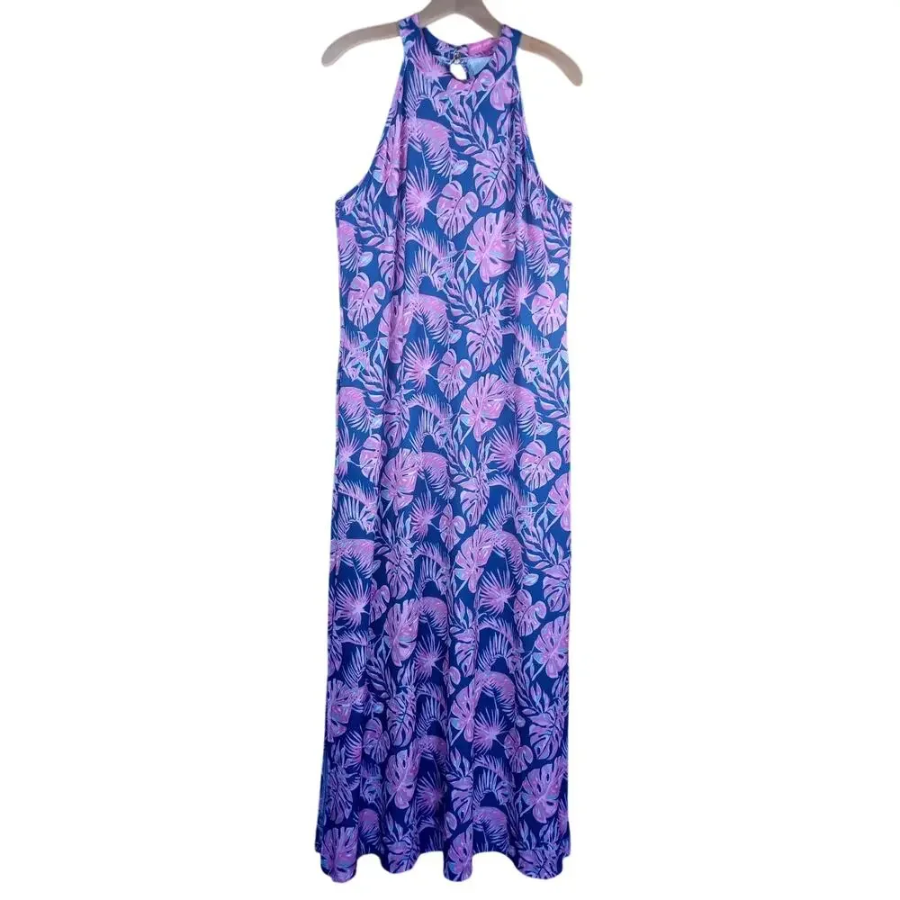 Simply Southern Tropical Palm Leaf Halter Maxi Dress Blue Pink Resort Beach L - Picture 4 of 9